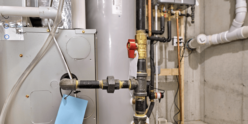 Furnace and heating system equipment with visible gas lines, pipes, and shutoff valve in a home utility room - Fall Furnace Maintenance How Homeowners Can Prepare - Allen Heating, Cooling, and Plumbing